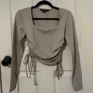 Foxy Jeans Taupe Ruched Square Neck Long Sleeve Top | Size S